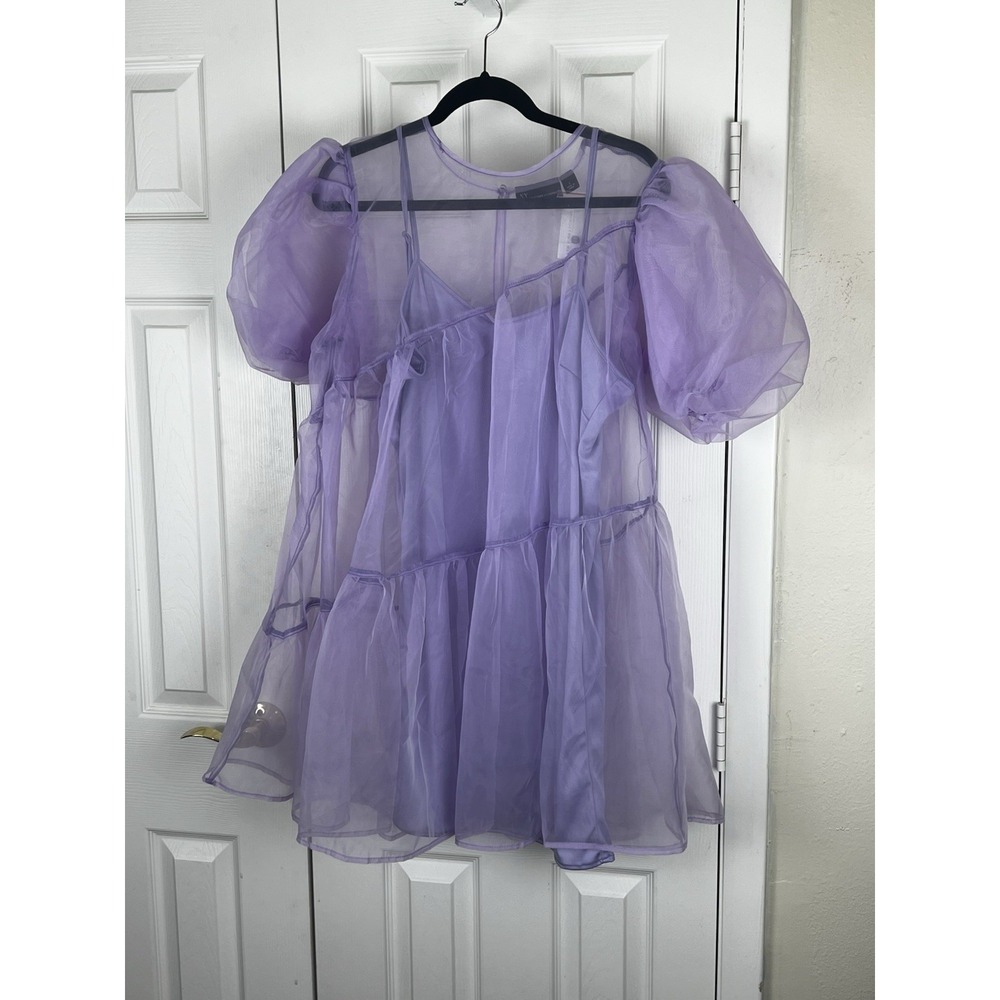 NY & C Dress Purple Puff Sleeve Sz L Slip Underneath Fairy Whimsical